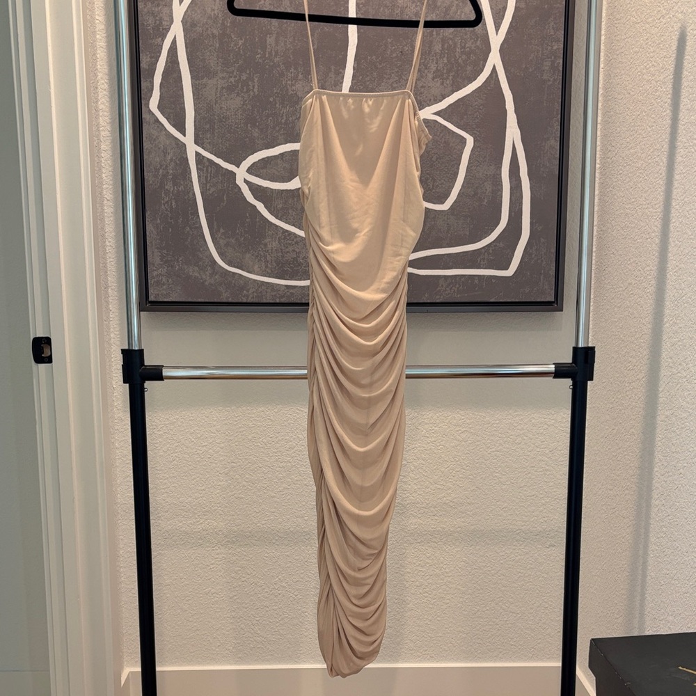 PrettyLittleThing Beige Backless Ruched Dress